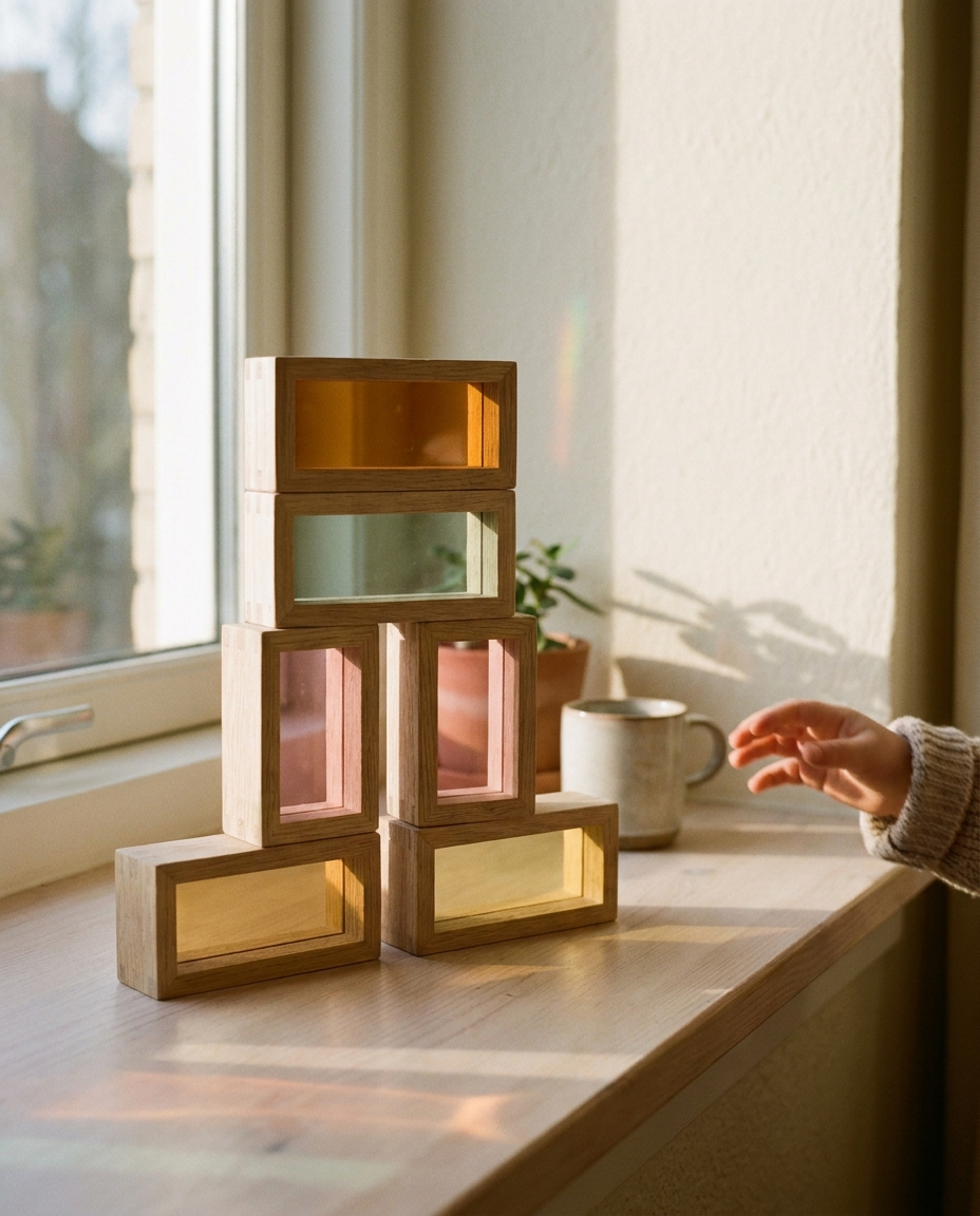 Bloques sensoriales de madera y color en una ventana