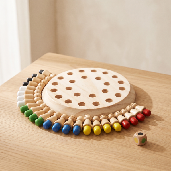 Bosque, juego de memoria de madera de Nooki, sobre mesa de roble claro con pared crema al fondo