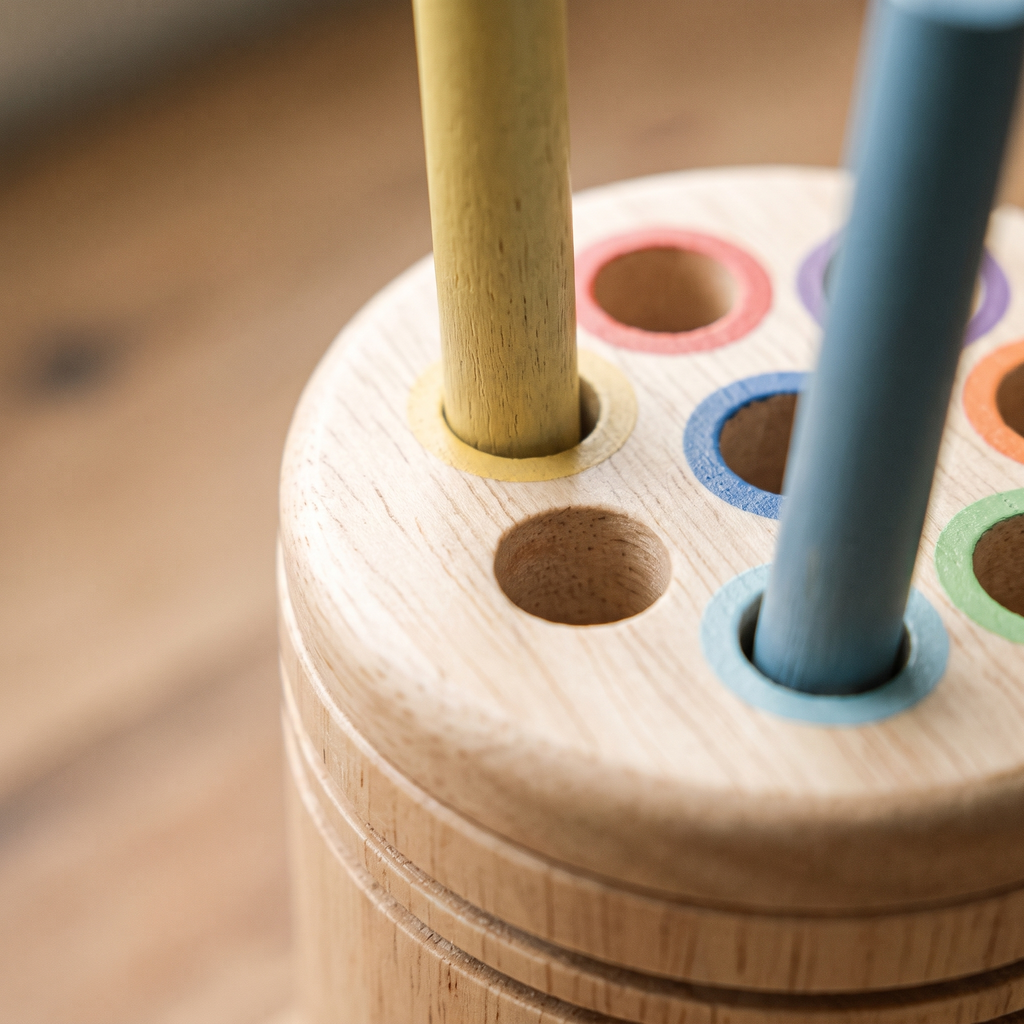 Detalle macro de la madera y los agujeros de la tapa de Juncos con dos varillas de colores