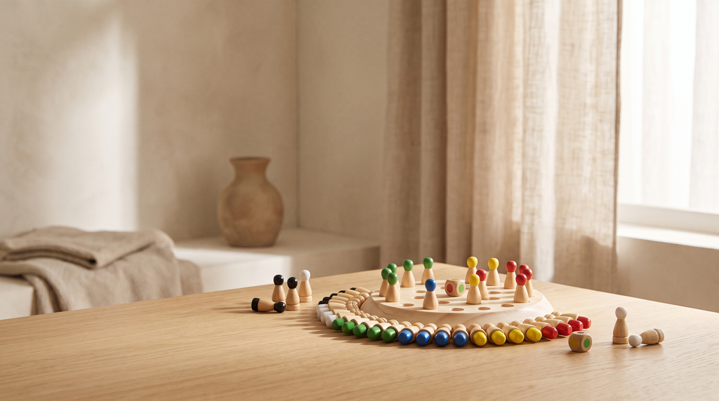 Bosque sobre una mesa de roble en un salón luminoso y minimalista