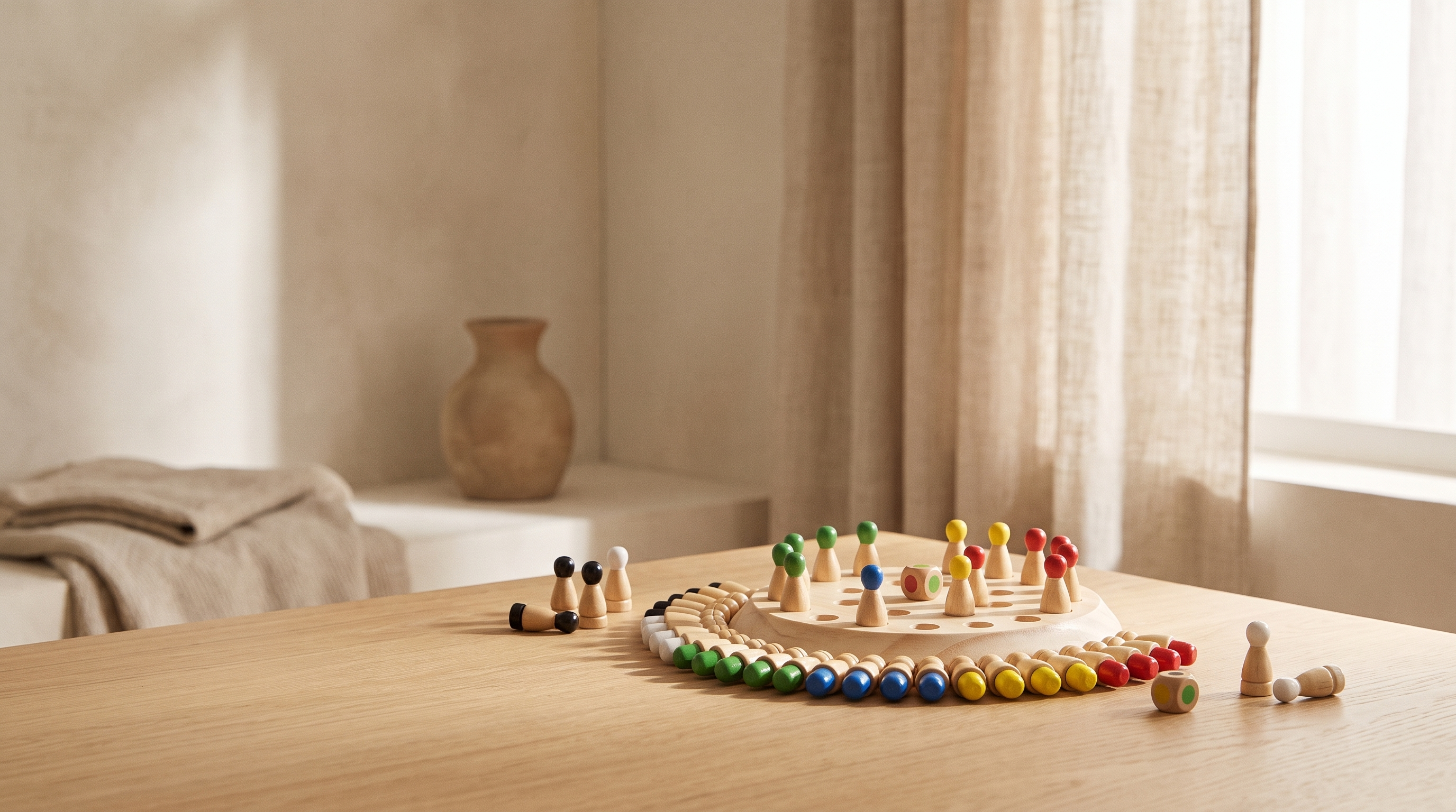 Bosque sobre una mesa de roble en un salón luminoso y minimalista