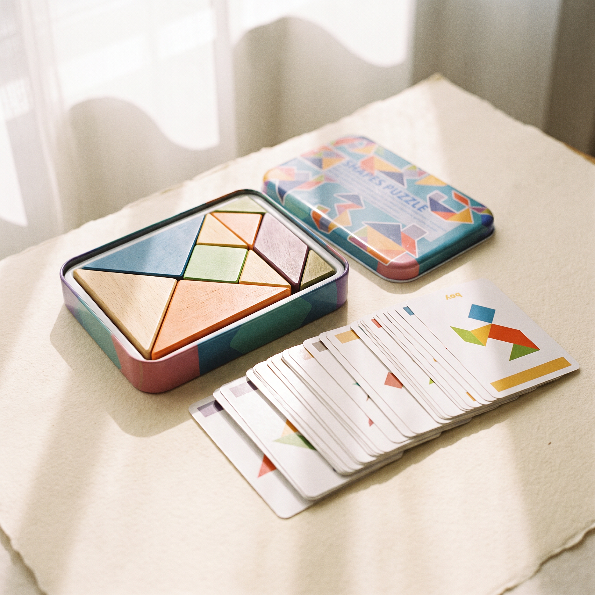 Enigma de Nooki: caja metálica abierta con las siete piezas de tangram de madera y el mazo de tarjetas de retos sobre lino crema