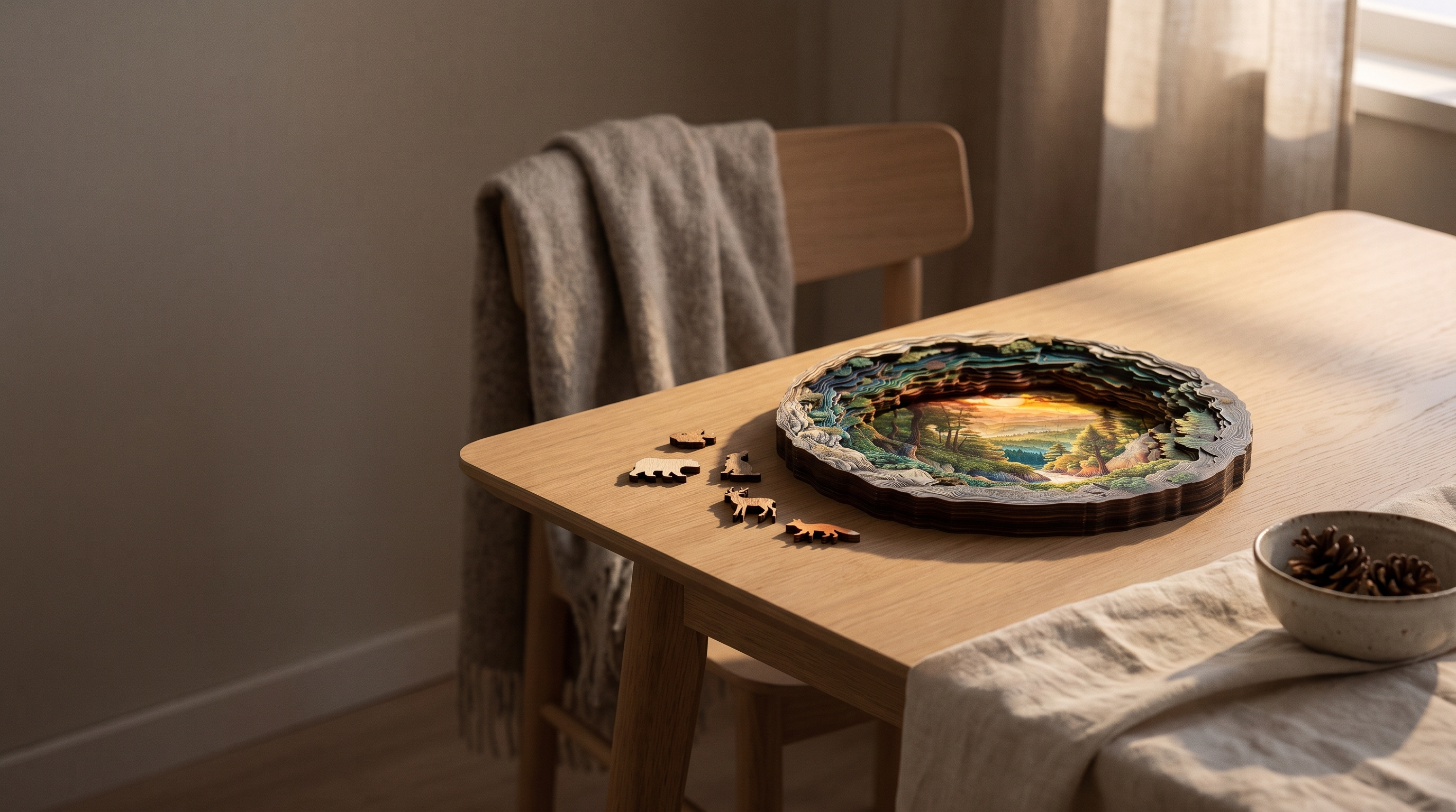 El rompecabezas Alba terminado sobre la mesa de un comedor luminoso y minimalista al atardecer