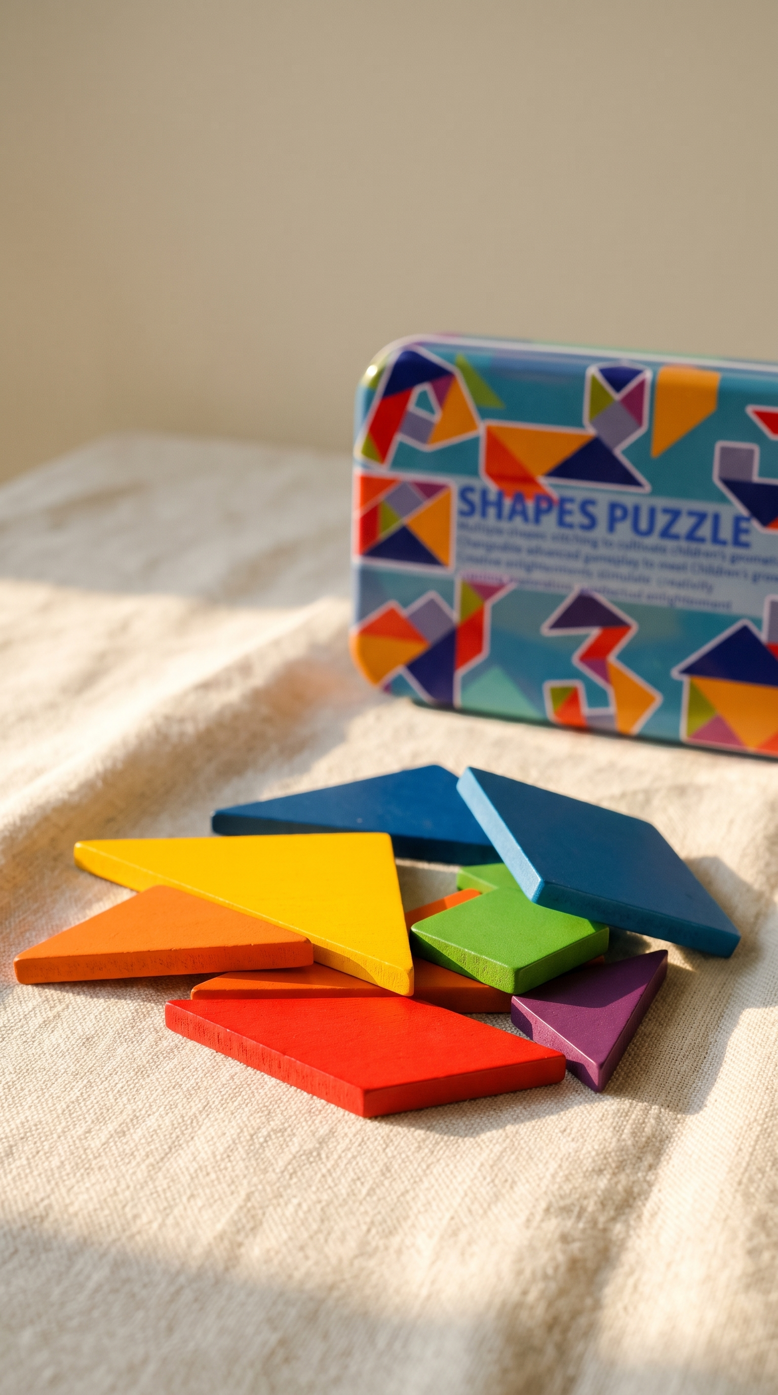 Detalle vertical de las siete piezas de madera del tangram Enigma apiladas, con la caja metálica detrás
