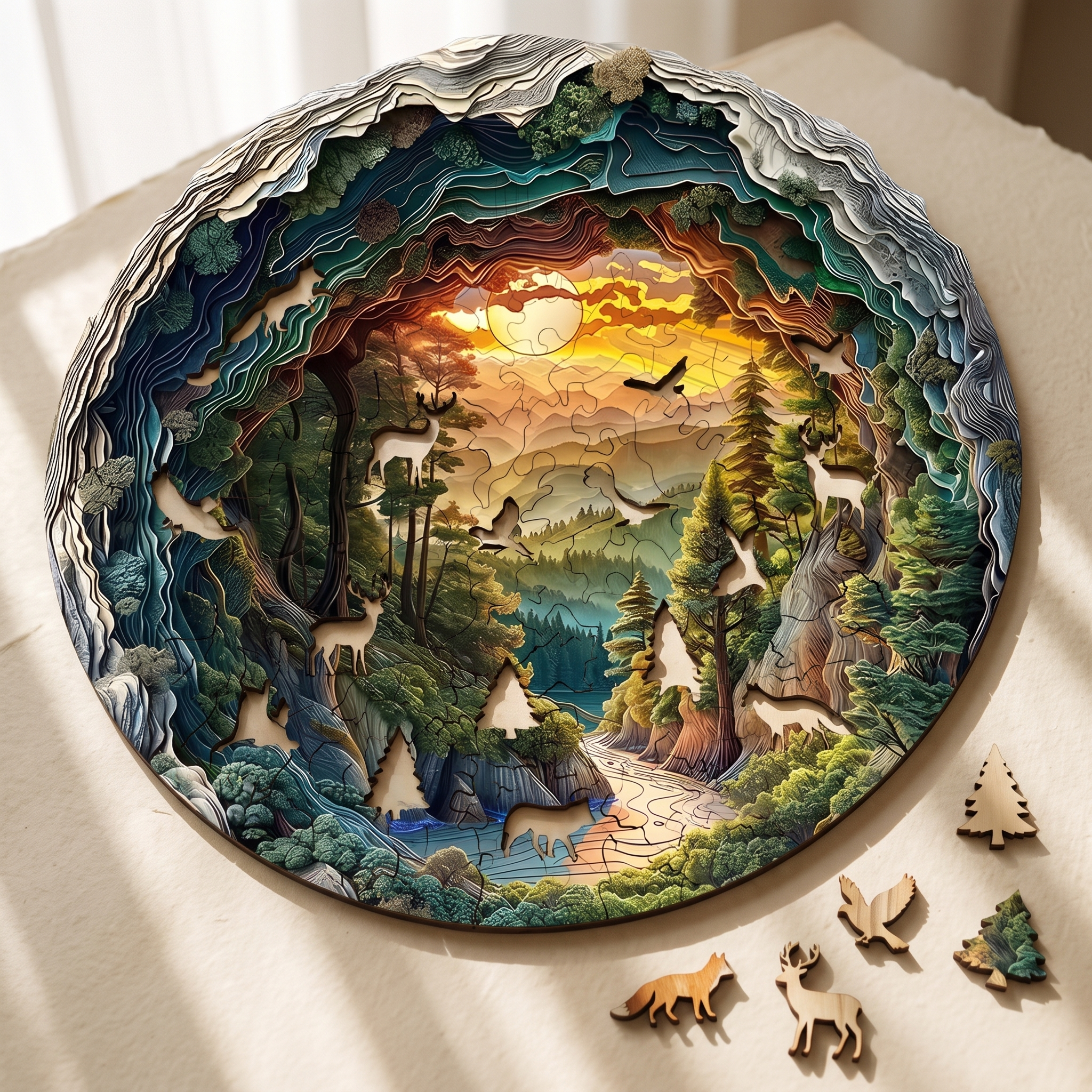 Alba de Nooki: rompecabezas circular de madera con el bosque y el amanecer montado, y piezas con forma de animales sueltas al lado