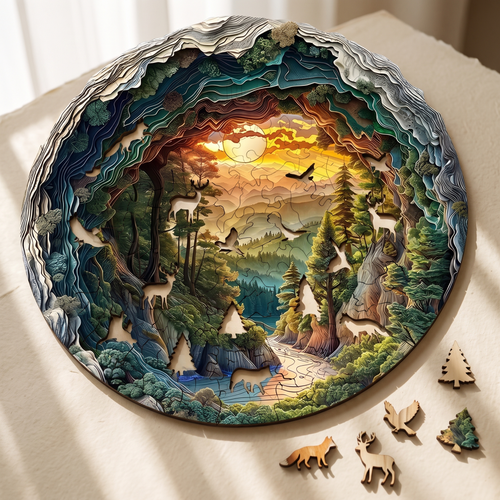 Alba de Nooki: rompecabezas circular de madera con el bosque y el amanecer montado, y piezas con forma de animales sueltas al lado