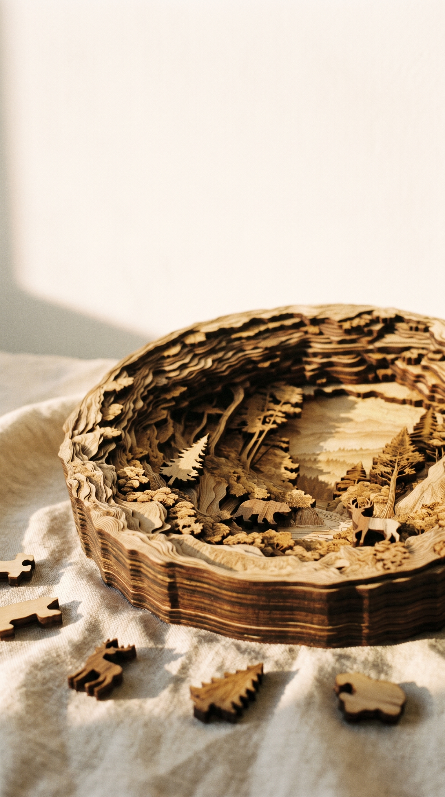 Detalle del relieve en capas de madera contrachapada del rompecabezas Alba, con piezas sueltas sobre lino crema