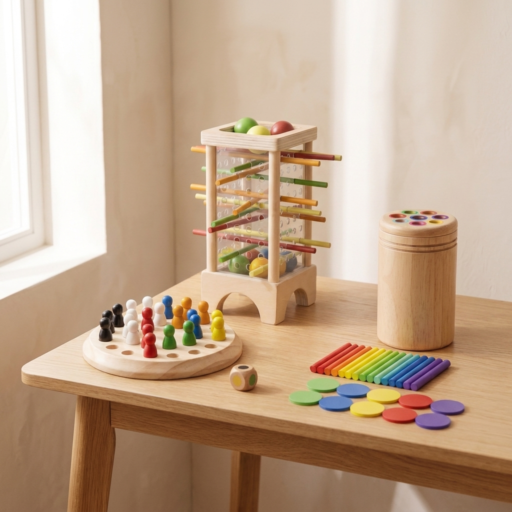 Nooki Play Pack: Lluvia, Bosque y Juncos, los tres juegos de madera del pack, juntos sobre una mesa de roble claro