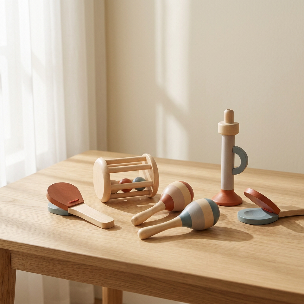 Eco de Nooki: los cinco instrumentos de percusión de madera de haya sobre una mesa de roble claro, con pared crema al fondo