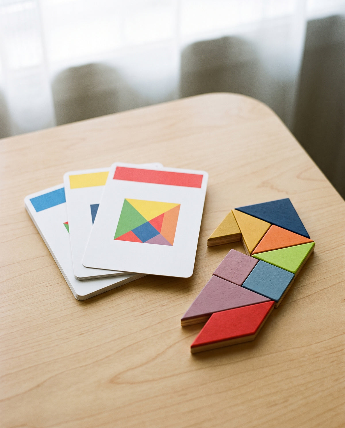 Tarjetas de retos de Enigma junto a una figura montada con las piezas de madera: el sistema tarjeta a figura